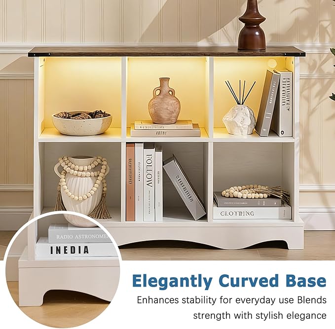 6 Cube Storage Organizer Bookcase, Long Horizontal Wood Bookshelf with Open Compartments, Multi-Purpose Cube Shelf, Hallway TV Stand for Living Room, Bedroom, Entryway, White