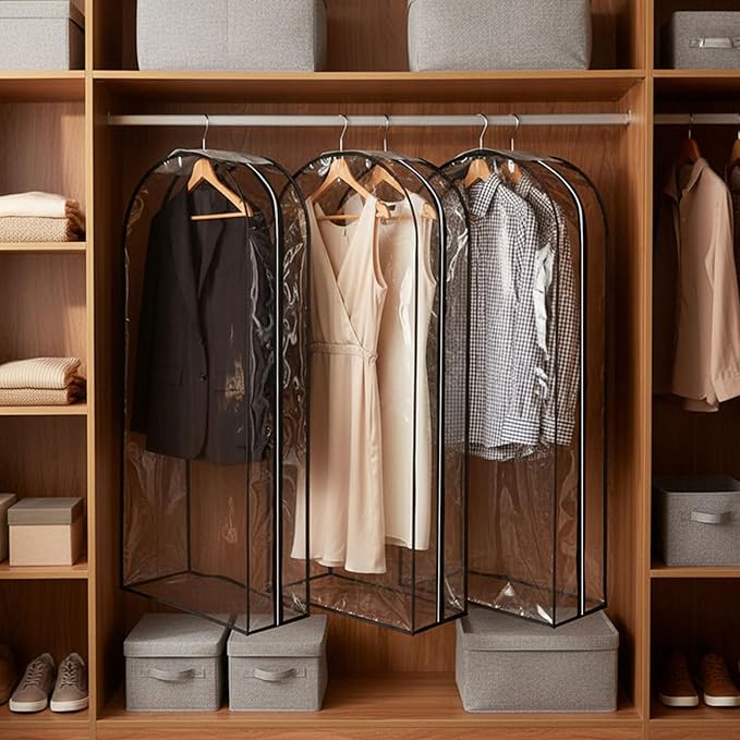 Clear Garment Bags for Hanging Clothes 3-piece set(43,50,60) inches Storage Bags With Zipper for Shirts, Suit,Jackets,Coats,sweater,Long Dresses,wedding,gowns,etc.