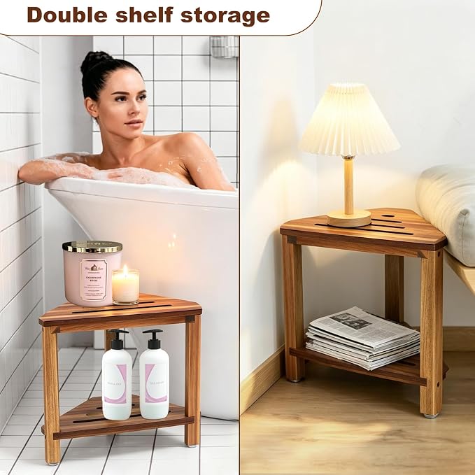 IBosins Corner Shower Stool with Storage Shelf Shower Foot Rest for Shaving Legs Small Bench for Inside Shower to Sit on Bath Seat - Acacia Wood