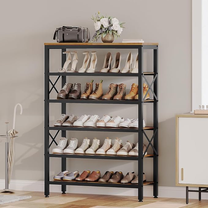 YATINEY 6-Tier Tall Shoe Rack Organizer, Wooden Shoe Storage for Closet Holds 24 Pairs, Sturdy Shoe Shelf with X-Shaped Metal Support, for Entryway, Bedroom, Rustic Brown and Black SS206BR