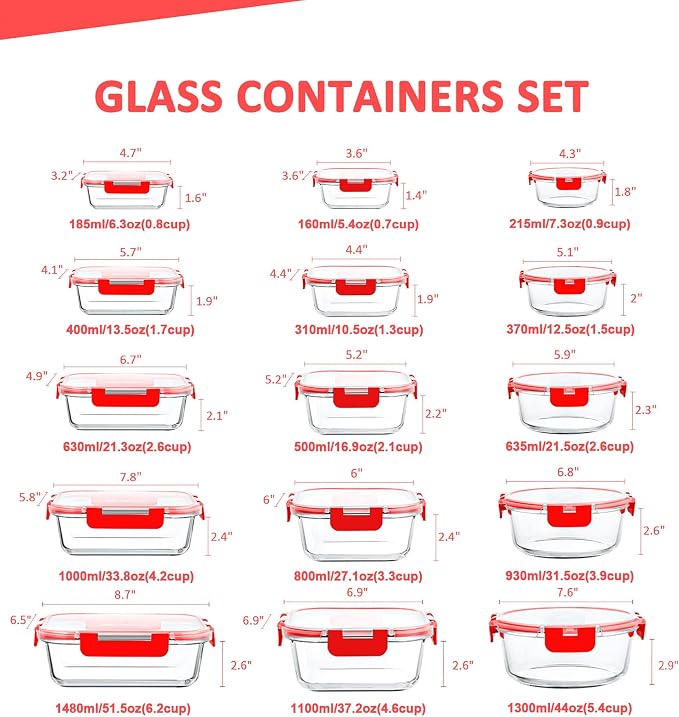KOMUEE 30 Pieces Glass Food Storage Containers Set, Meal Prep Containers Set with Snap Locking Lids, Airtight Glass Lunch Containers, Microwave, Oven, Freezer & Dishwasher, Red