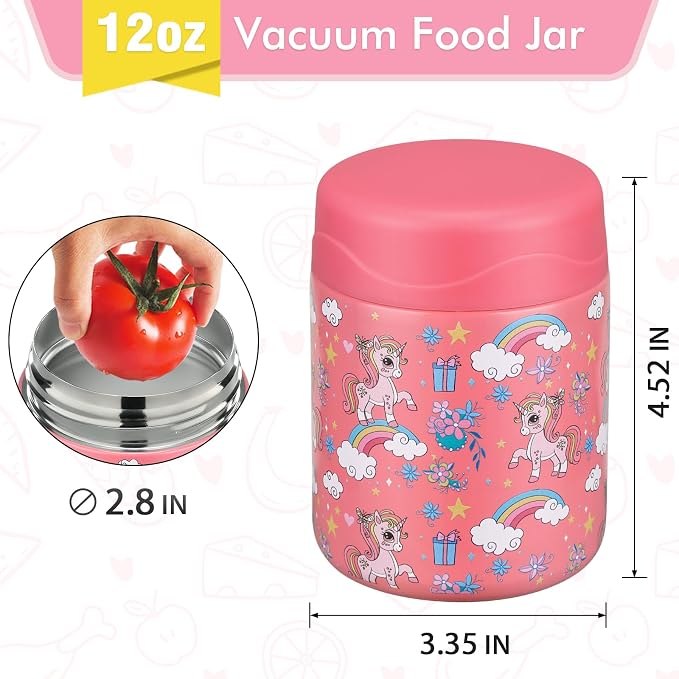 wiwens 12oz Soup Thermo for Hot Food Kids Insulated Food Jar Wide Mouth Lunch Container Leak Proof Stainless Steel Vacuum Bento Box for School Office Travel Outdoors Pink-unicorn
