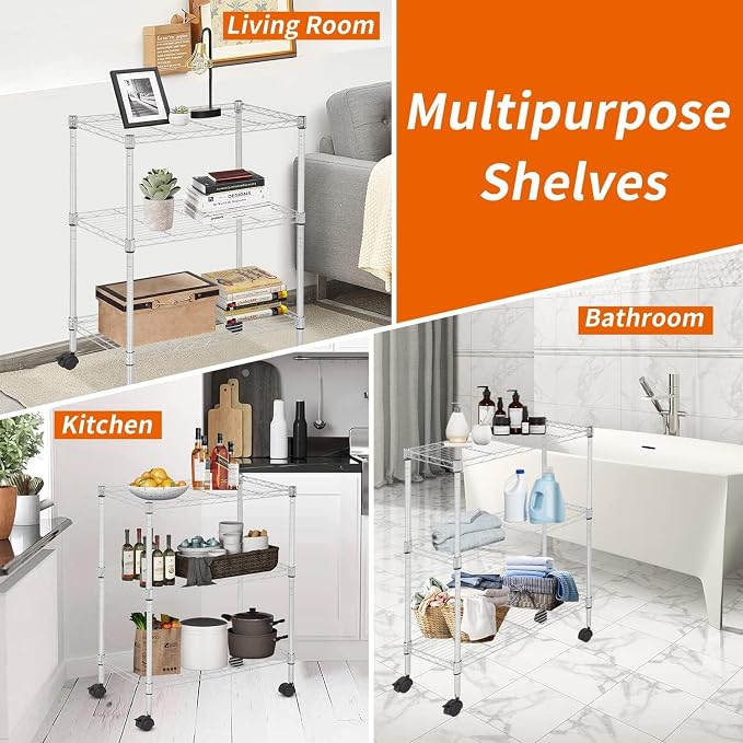 3-Tier Metal Wire Shelving Unit with Wheels, Heavy Duty Adjustable Storage Rack (450 lbs Capacity), Small Utility Organizer for Kitchen Pantry, Garage, Laundry Room, 23"W x 13"D x 31.3"H