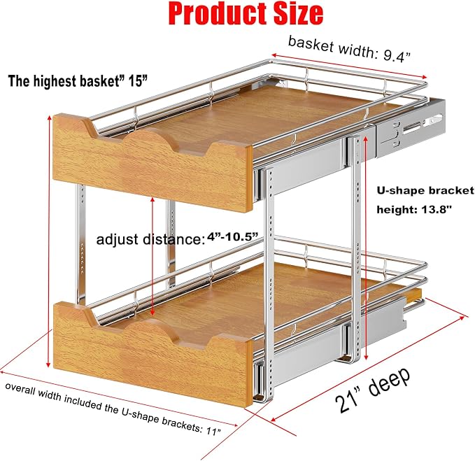 DINDON 2 Tier Pull Out Cabinet Organizer (11" W x 21" D) Slide Out Wood Shelf Organizers Double Tier Kitchen Wire Basket with Chrome Finish…