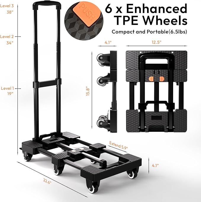 Voipvvii Folding Hand Truck 500lbs, Portable Heavy Duty Dolly Cart, 6 Wheels Collapsible Luggage Cart with 2 Elastic Ropes - Compact Trolley Cart for Easy Moving - Ideal Hand Cart for Travel and More