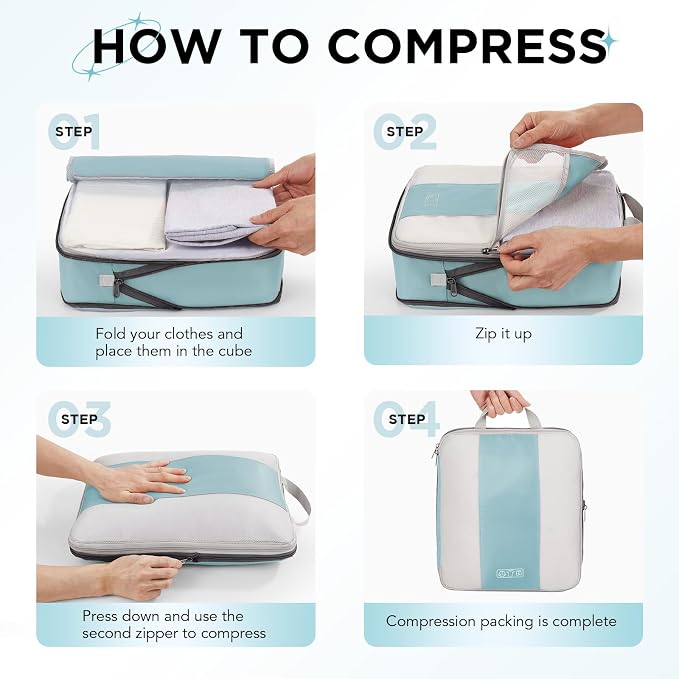 OlarHike 10 Set Compression Packing Cubes for Travel Essentials,Compressible Expandable Space Saver Bags for Organizing Clothes,Luggage Suitcase Garment Bags with Over 1000 pcs Mesh Holes(Blue Gray)