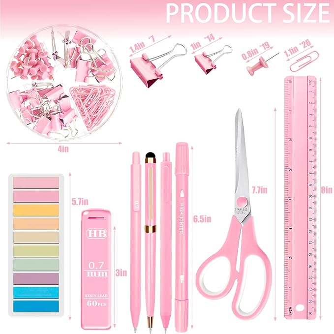 JIZHIYUAN Pink Desk Accessories Set - 16 Pcs Pink Office Supplies with Stapler, Tape Dispenser, Pen Holder, Staple Remover, Hole Punch, Practical Aesthetics Desk Sets for Office, Home, School Women