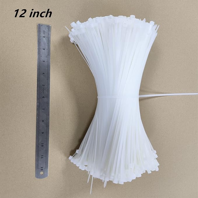 Zip Ties 1000 pcs 12 inch Cable Zip Ties Heavy Duty, Premium Plastic Wire Ties with 50 LBS Tensile Strength, UV Resistant Cable Ties, Self-Locking White Nylon Tie Straps (12 inch 1000 pcs, White)