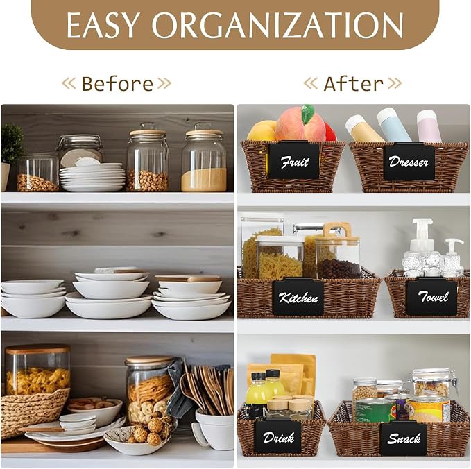 Marsui 9 Pcs Wicker Storage Baskets for Pantry Organization with Handle Labels Handwoven Multi-size Dark Brown Small Organizer Baskets Storage Bin Container for Shelves Closet Toilet Christmas Holiday