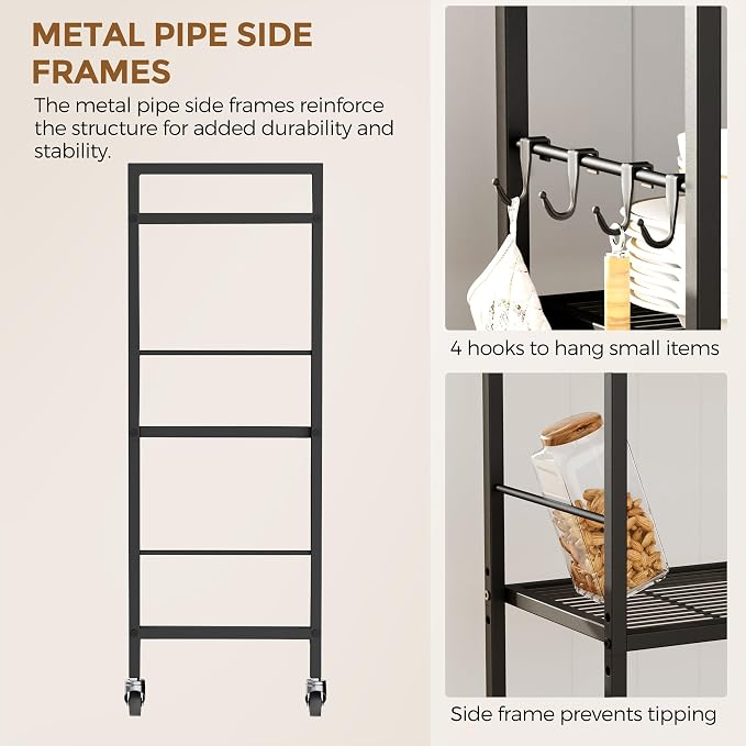 3-Tier Metal Storage Rack with Industrial Wheels,Mesh Shelving Unit with Wooden Table top,Adjustable Shelf,23.6-Inch Width,for Kitchen,Laundry,Pantry,Plant,Black panel and black frame