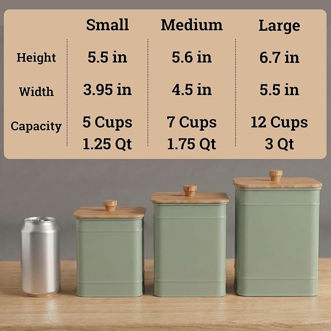 Kitchen Canisters for Countertop Set of 3 w/ Chalkboard Labels & Marker Pen | Airtight Easy Open Bamboo Lids, Dent-Resistant Thick Metal, Customizable Chalkboard Labels, Marker Pen Included, Set of 3