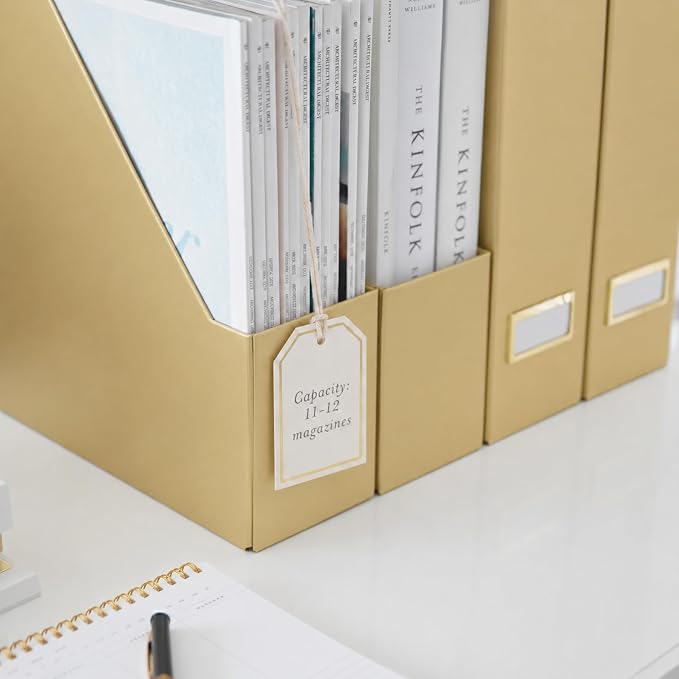 BLU MONACO | Gold Cardboard Magazine File Holder Set of 4 | Vertical Magazine File Holder for Shelves | Standing File Holder Desk Organizer