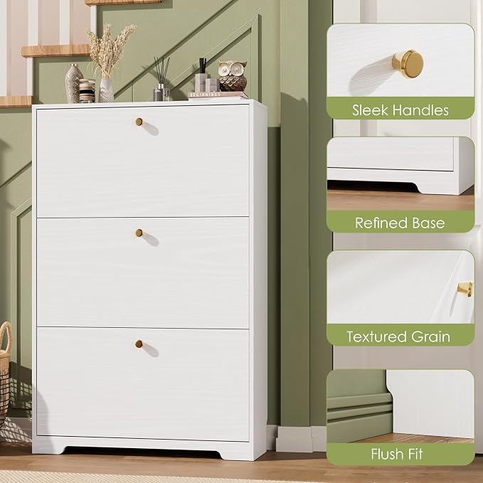 Nicetree Shoe Cabinet with 3 Flip Drawers, Narrow Shoe Organizer Cabinet, Freestanding Shoe Rack Cabinet, Modern Shoe Storage Cabinet for Entryway, Hallway, Foyer, White