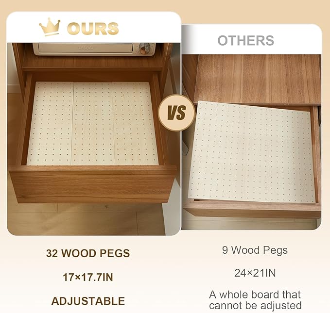 Kigley 3 Pcs Wood Pegboard Drawer Organizer with 32 Pegs Wooden Peg Board Drawer Shelf Organizer Adjustable Peg System for Dishes Plate Pot Container Cookware Utensil Kitchen(Wood,17 x 5.91 in)
