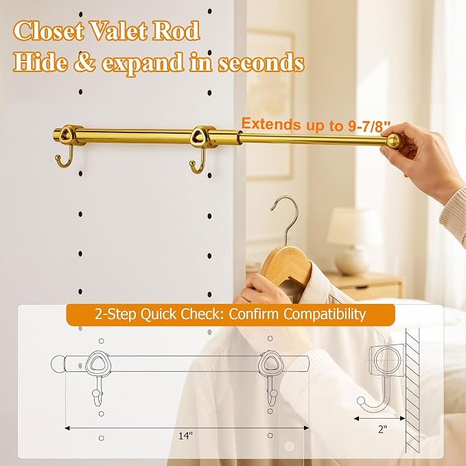 14" Valet Rod for Closets Pull Out, Closet Valet Rod Slide Out with 2 Hooks, Brushed Gold