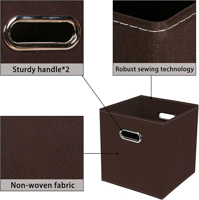 Fabric storage bins Cubes, Fabric Cube Organizer with Handle, Foldable Cube Bins for Cloth or Accessary Storage, 11x11x11, Set of 6, (Coffee)