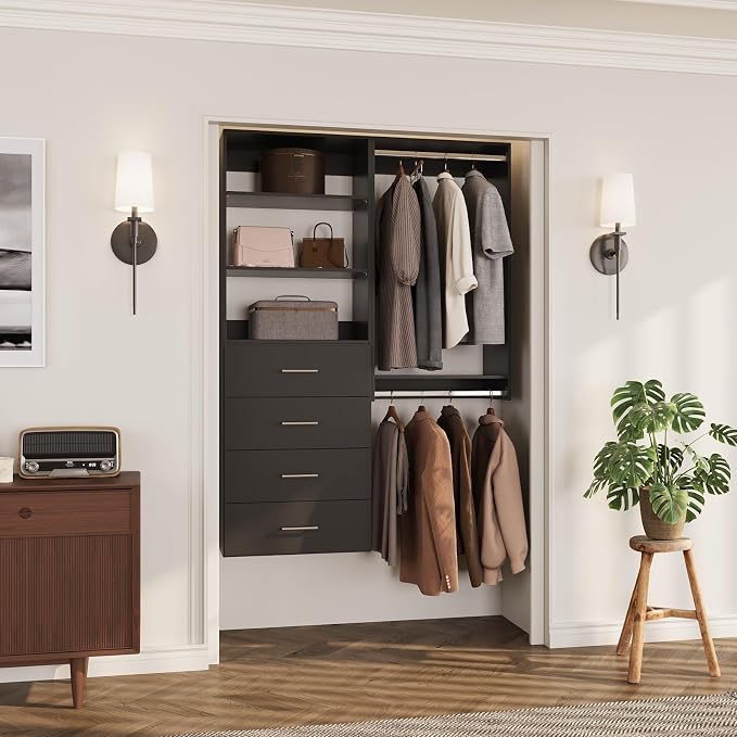 ROOMTEC Modular Closet System, 49" Wall-Mounted Closet Organizer with Drawers and Hanging Rods, Wooden Tower for Walk-In Closets, Wardrobe Storage Kit, Black