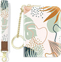 Aiawoxc Credit Card Holder, Small RFID Wallet Slim Leather Card Organizer Case with Zipper and Wristlet Strap, Boho Leaves