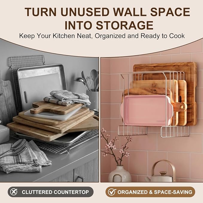 Geetery Wall Mount Cutting Board Rack 6-slot Metal Wire Polished Stainless Steel Cutting Board Organizer Holder for Commercial Kitchen Fits Baking Sheets and Pans Lids 9.5" x 7.4" x 10.5"