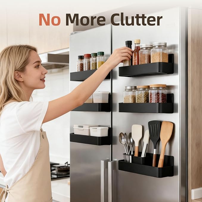 Magnetic Spice Rack for Refrigerator, Black, 2 Pack | Space Saving Storage Organizer, Rust Resistant Material, Strong Magnetic Design, Perfect for Small Kitchens