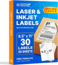 8.5" X 11" Matte White Full Sheet Labels (30 Sheets, 30 Stickers) Printable Sticker Paper for Laser & Inkjet Printers - Spartan Industrial Template R026