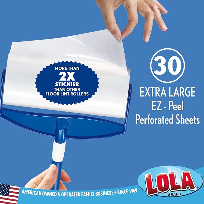 LOLA Rola PET Hair Remover Sticky Mop, Giant Floor Lint Roller, 9.5" x 3.5", Extender Handle, Largest Head, Traps Hair, Dust, Dirt, Extra Sticky Sheets