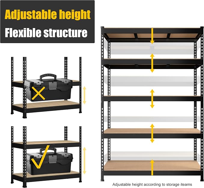 PrimeZone 3 Pack Heavy Duty Storage Shelves - 47"W x 18"D x 71"H 5 Tier Adjustable Garage Storage Shelving, Metal Utility Rack Organizer Shelf Unit for Warehouse Pantry Closet Kitchen Basement, Black