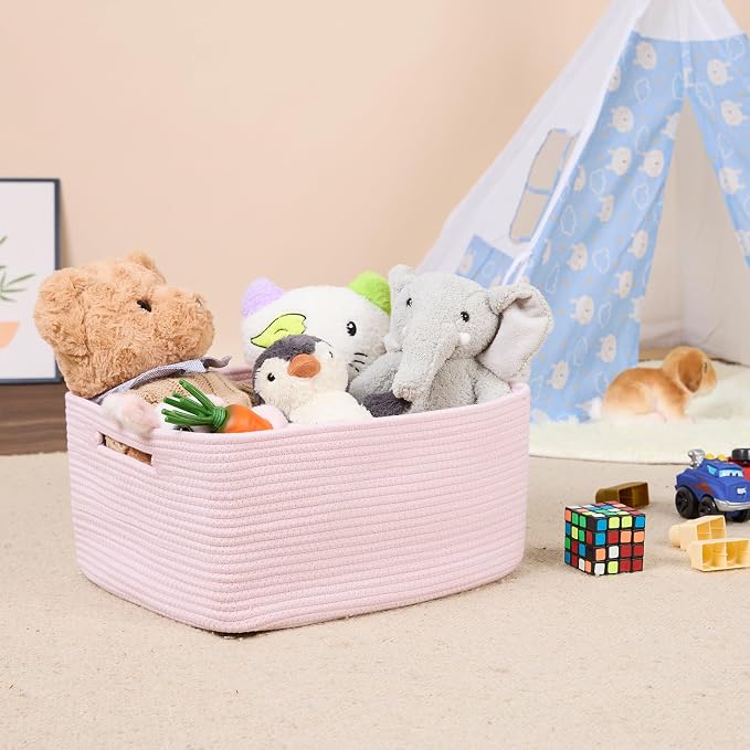 MiniArk Large Storage Baskets for Shelves, 17 x 13 x 7.5” Closet Organizers Bins for Clothes Blanket Towels, Baby Nursery, Toy Baskets Box, Woven Rope Baskets, 2 Packs Light Pink