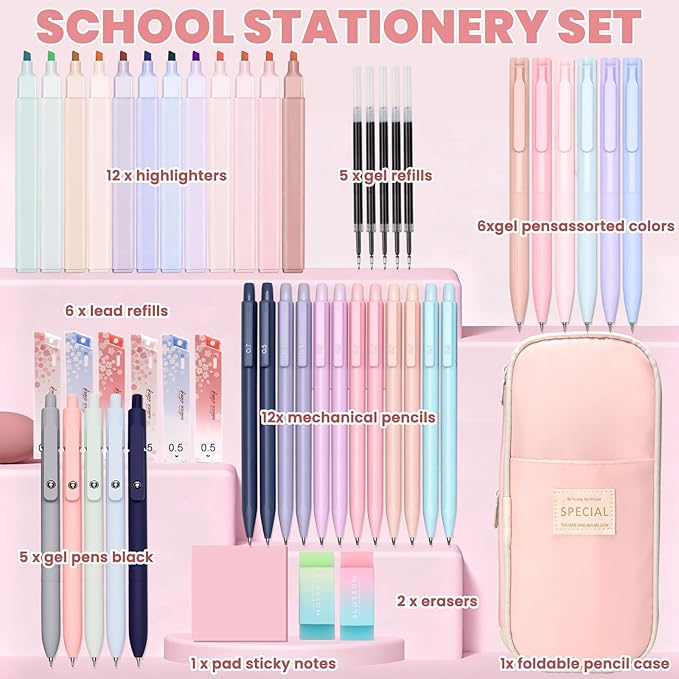 50 PCS Aesthetic School Supplies with Cute Pen Case,12 Pastel Highlighters,5 Black Ink Gel Pens, 12 Mechanical Pencils Set 0.5 & 0.7 mm 6 Color Gel Pens for Students Stationary College Essentials Pink