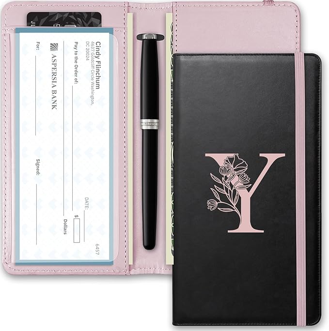 Letter Checkbook Cover, RFID Blocking Checkbook, Duplicate Checks with Pen Holder, Cards Slots, Multi-Functional Checkbook Holder for Personal and Business Checks