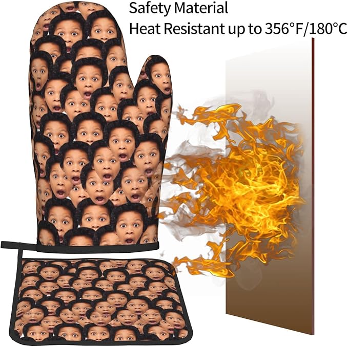Custom Oven Mitts and Pot Holders Personalized with Your Face, Baking Gifts for Women for Kitchen Cooking, BBQ, Grillin-Style1, 2 Oven Mitts+ 1 Pot Holders