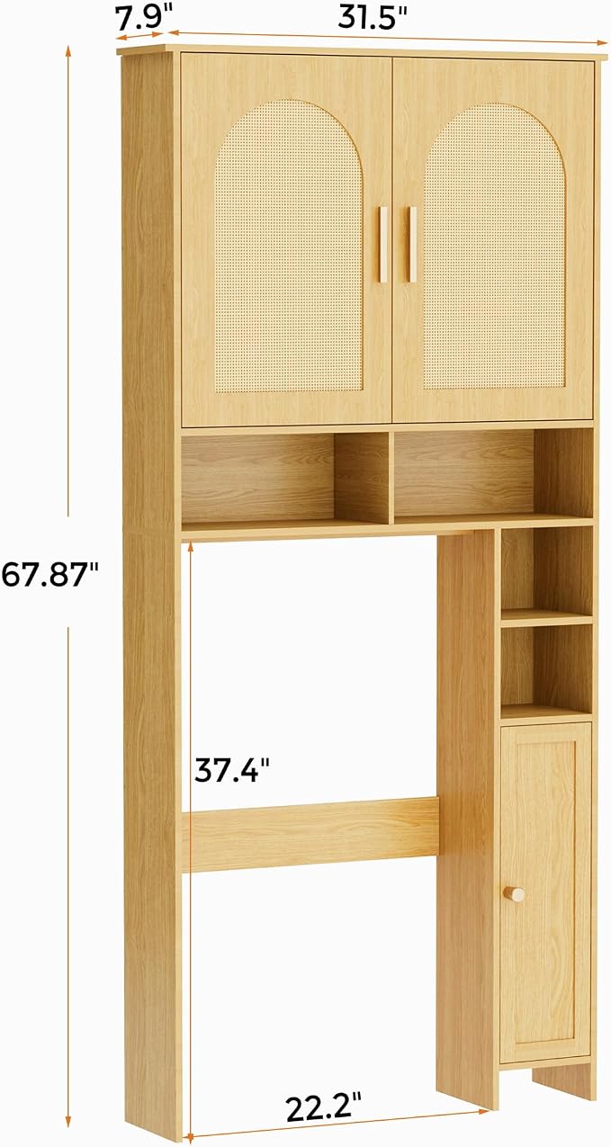 Homhedy Wooden Over The Toilet Storage Cabinet, Natural | Bathroom Organizer with Rattan Decorated Doors, Adjustable Shelves, Toilet Paper Holder, for Small Spaces