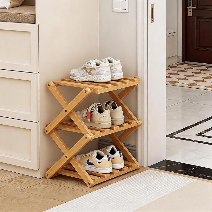 Small Shoe Rack, 3 Tier Portable Folding Shoe Storage Rack, Without Installation, Mini Free Standing Shoe Rack for Camping, Corridors, Bedrooms Living Room Corner and Small Spaces