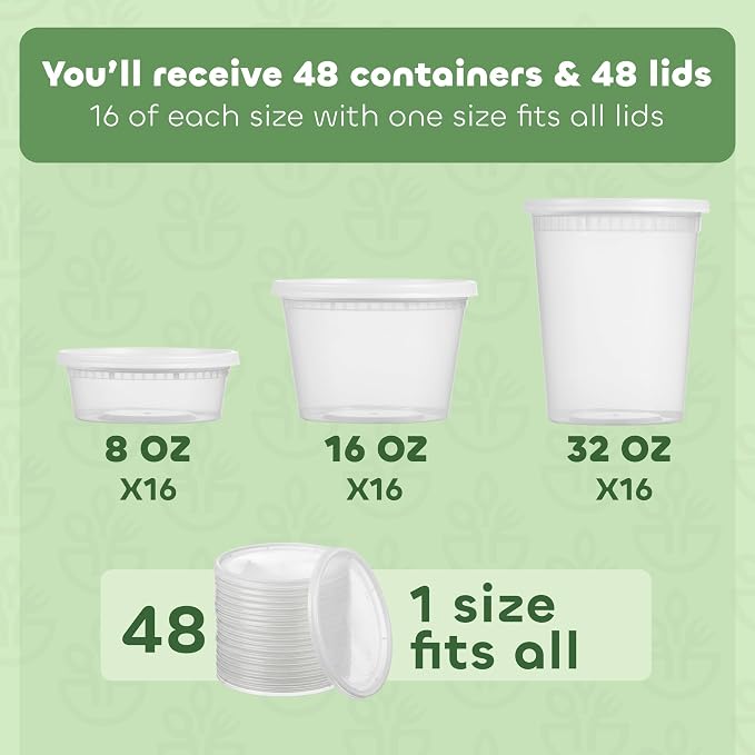 48 Sets Plastic Deli Containers with Lids - 8oz, 16oz Pint & 32oz Quart | Leak Proof, Microwaveable, Dishwasher & Freezer Safe - Plastic Food Storage, Meal Prep, Restaurant & Soup Containers