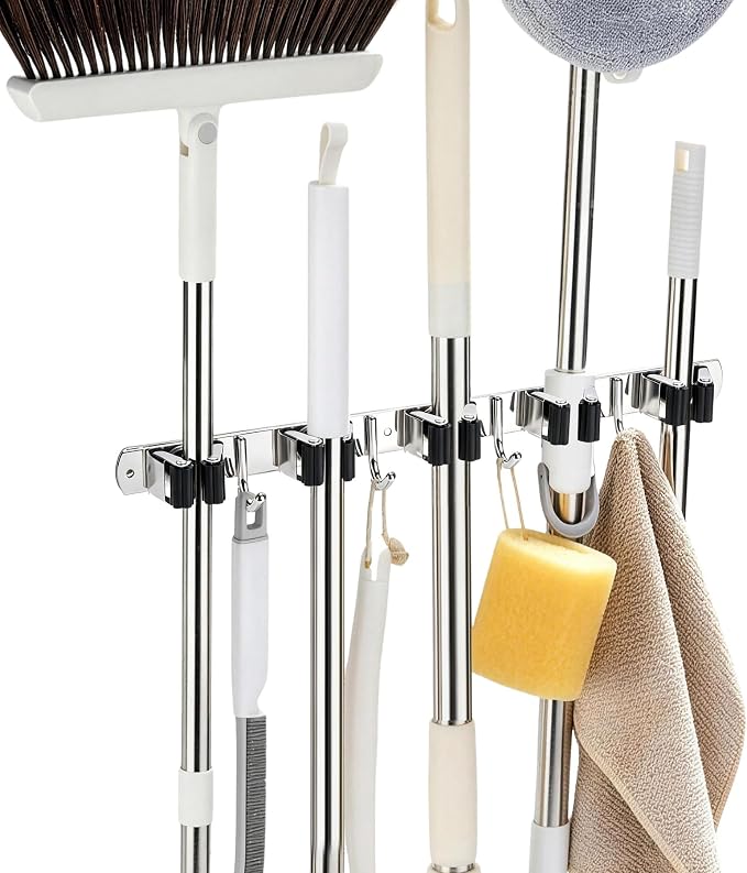 5 Racks 4 Hooks Mop and Broom Holder Wall Mount,Broom Organizer | Heavy Duty Rust-Resistant Utility Hangers, Non-Slip Grip Stainless Steel Tool Rack, Space Saver Clutter-Free Home, 1 Pc Black