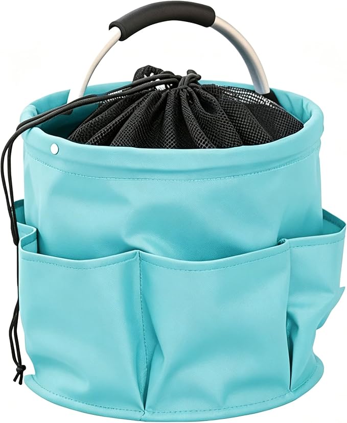 Garden Tool Bucket Organizer, Bucket Tool Organizer,5 Gallon with Aluminum Handle, Multi Side Pockets Portable Storage Caddy for Gardening Camping Car Wash (Light Blue, Drawstring Closure)