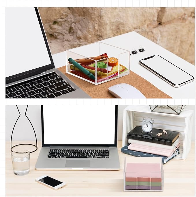 Threehoney 4 Pcs Acrylic Sticky Note Holder 3 x 3 Clear Crystal Acrylic Note Dispenser Notepad Memo Holder Office Desk Organizer Accessories Sticky for Dorm Room Office Desk