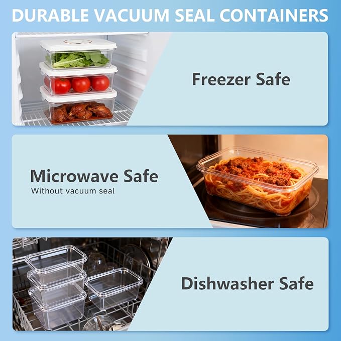 Vixino Vacuum Seal Containers, 3Pcs Reusable Food Storage Containers with Lids for Meal Prep and Freezer,BPA-Free，Microwave Safe，Leak-proof,Airtight (Vacuum Sealer Not Included)