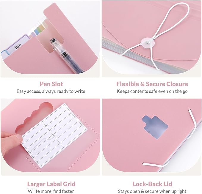 SKYDUE 13-Pocket Expanding File Folder, Accordion Document Organizer with Monthly Labels, A4 & Letter Size for Tax Records, Medical Files, Receipts, Home Office Use Pink