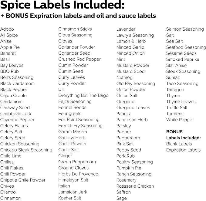250 White Spice Labels by ThreeKin | Waterproof & Oil-Resistant Pre-Printed Stickers for Spice Jars | Durable, BPA-Free Seasoning Labels | Easy-Clean, No-Residue Design | Proudly Female & USA Owned