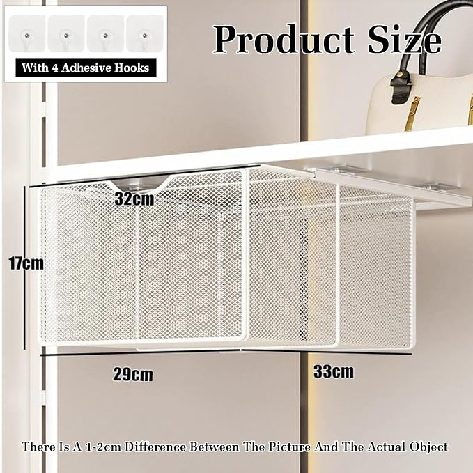 Pull Out Cabinet Storage Basket,Wardrobe Storage Organiser,Storage Under Shelf,No Punching Required,with 4 Hooks,for Kitchen Office Wardrobes Cupboard Storage(White,33x29x17cm)
