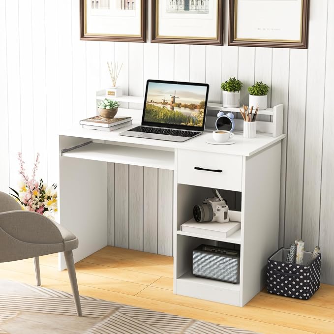 GOFLAME White Computer Desk, Home Office Desk with Large Drawers, Hutch, Keyboard Tray, 5-Position Adjustable Open Shelves, Easy Assembly, Writing Desk for Bedroom, Small Space, Living Room, White