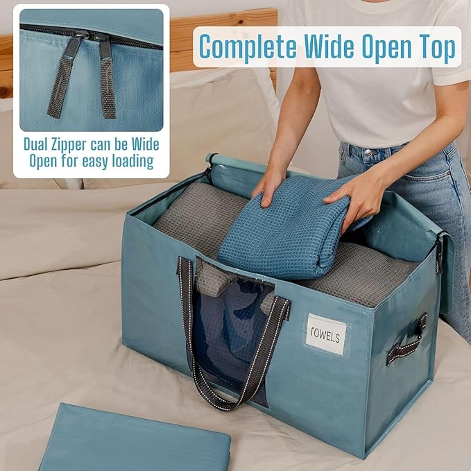 VENO 6 Pack Heavy Duty Moving Bags, Clothes and Comforter Storage Bags with Clear Window, College Dorm Essentials Packing Supplies, Foldable Boxes Alternative (Shiny Light Blue, 6 Pack)