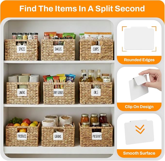 12 Pcs Basket Labels Clip on for Pantry Organization and Storage bin Labels with 2 Markers and 2 Wipe Cloths Reusable Chalk Basket Labels -White Bin Labels Clip on Chalkboard Basket Tags