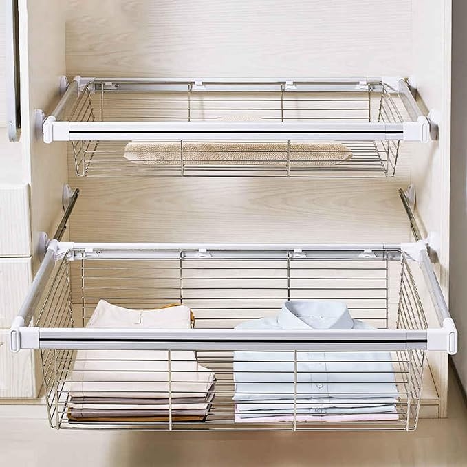 Pull Out Storage Basket with Runners,Metal Under Shelf Storage Basket,Stackable Storage Bins,Adjustable Width 370-970mm,40kg Weight Capacity(White,Width420-470mm)
