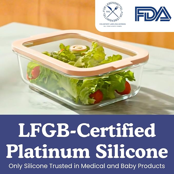 Non-Toxic Glass Food Containers with Lids, 4-Pack, 35 oz, Airtight, Beige | Plastic & BPA free. Glass body, glass lid & platinum silicone seal. Airtight & leakproof. Freezer & microwave safe.