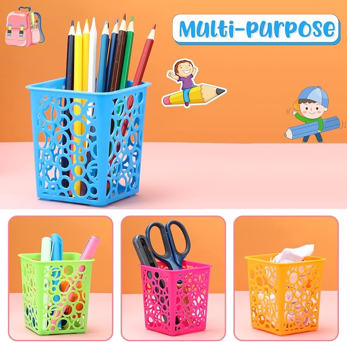 Chinco 12 Pcs Plastic Pencil Holder Cups for Classroom Desk, 4 Colors | 12-pack Plastic Pencil Holder Cups, Classroom Desk Organizer, Teacher Supplies, Markers Crayons Erasers, 4 Bright Colors