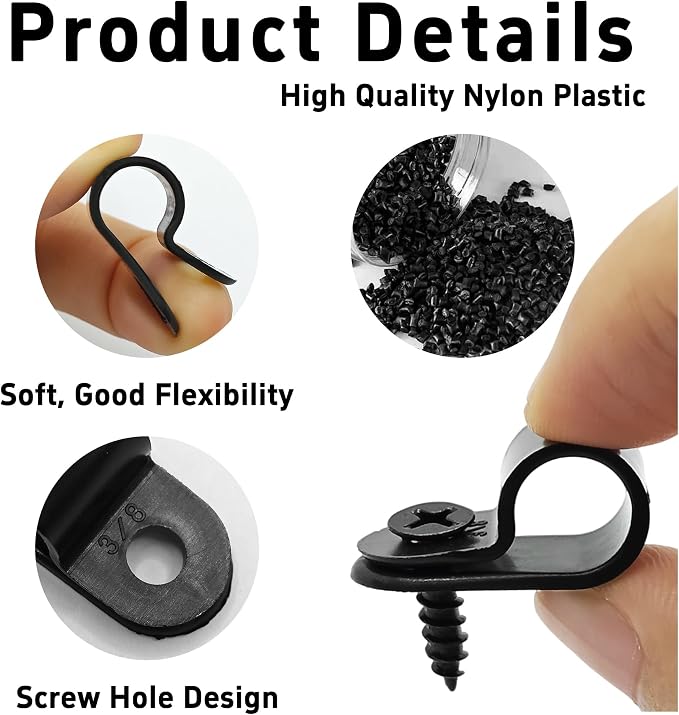 100Pcs R-Type Cable Clips 3/8" Black Nylon Plastic Wire Clamps with Mounting Screws, Cord Fastener Cable Management Organizer for Home Office Electrical Installation