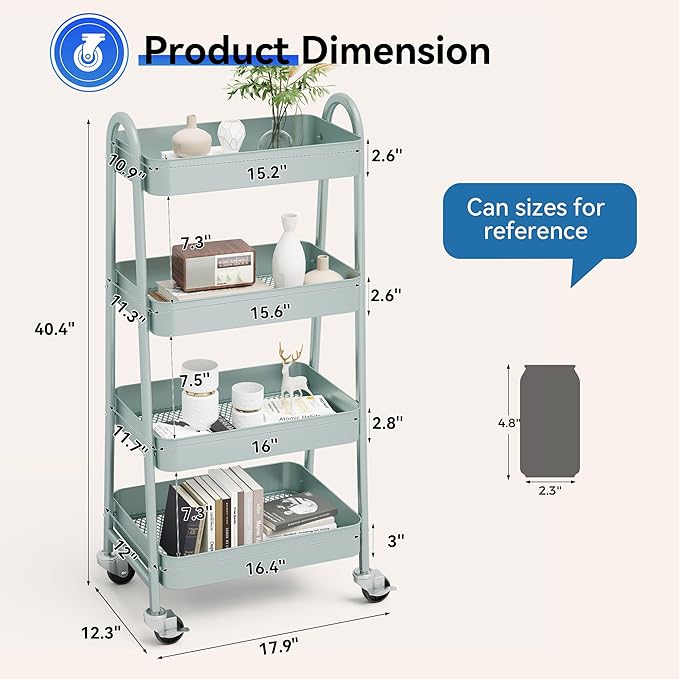 NEWBULIG 4-Tier Metal Rolling Cart with Lockable Wheels, Heavy Duty Mobile Utility Storage Shelf, Roller Book Snack Cart, Organization for Livingroom, Bathroom, Office, Green
