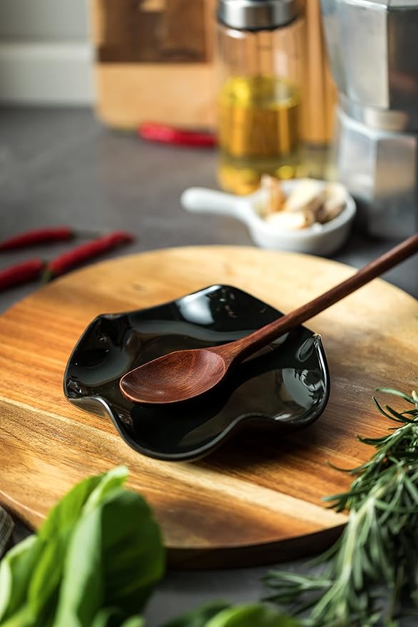Miamolo Spoon Rest for Kitchen Counter, 5.3" Ceramic Spoon Holder for Stove Top, Heat Resistant & Dishwasher Safe Cute Spoon Rests Spatula Holder for Multiple Utensils, Farmhouse Kitchen Decor Black